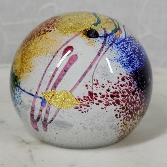 VTG Earl O James Paperweight 3" Blue Gold Flecks Handblown Art Glass Signed '99 - Picture 14 of 16